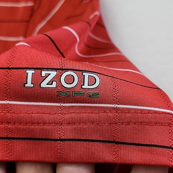 ⭐️3/ $30⭐️ Izod XFG Men's Golf Shirt Cool FX Red Grey & Black Pin Stripes Sz M - Picture 6 of 10